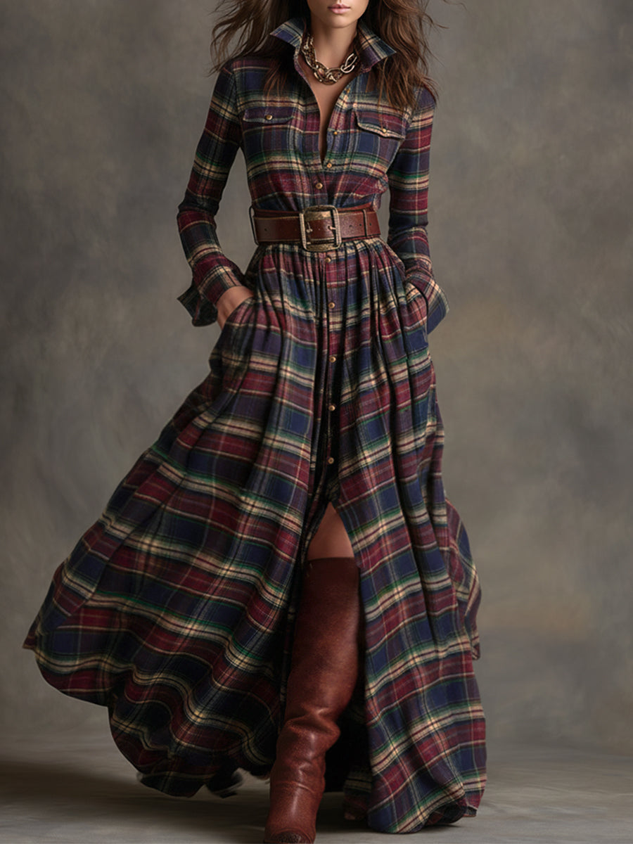 Skyler – Maxikleid mit Revers und Karomuster im Ethno-Stil