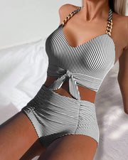Gestreiftes Bikini-Set für Damen mit hohem Bund – Ansicht 3