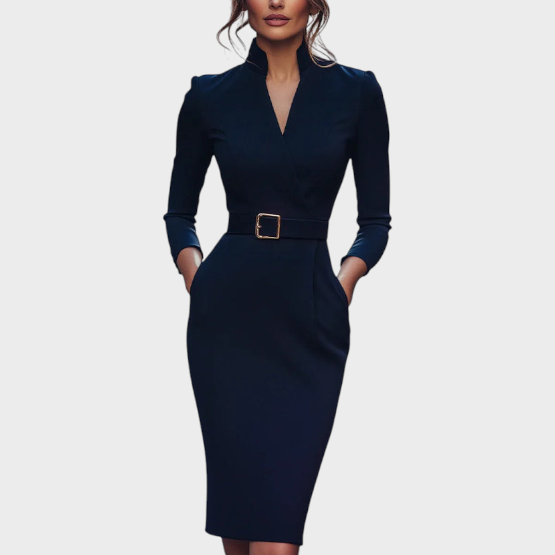 Tricia – Elegantes schwarzes Kleid mit Gürtel und Stehkragen