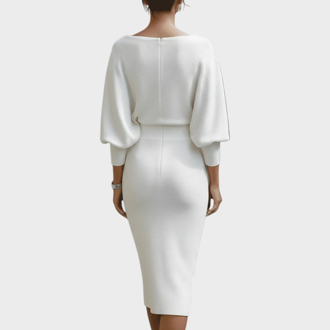 Janna – Weißes Satin-Midikleid mit Fledermausärmeln