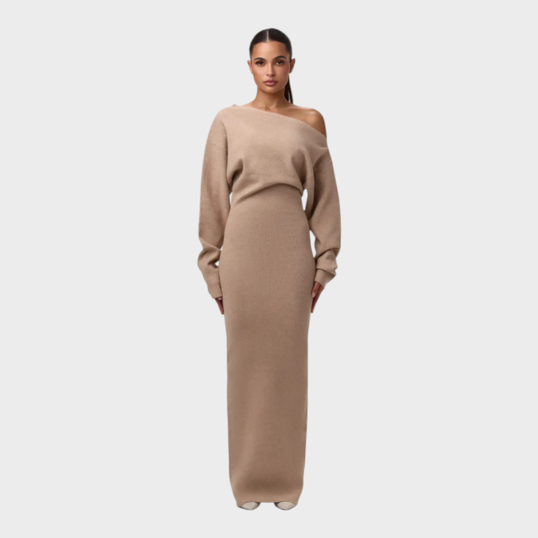Hillary – Schulterfreies Strick-Maxikleid
