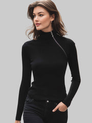 Schwarze asymmetrische Strickbluse für Damen mit Reißverschluss und Stehkragen – Ansicht 2
