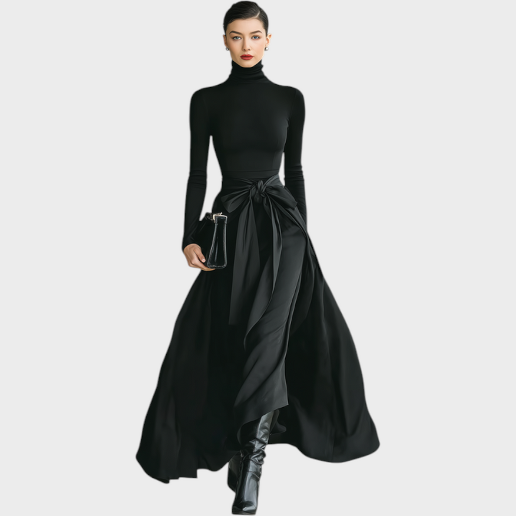 Hellen | Schwarzes Damen-Maxikleid mit hohem Kragen, hoher Elastizität, Strick- und Satinrock