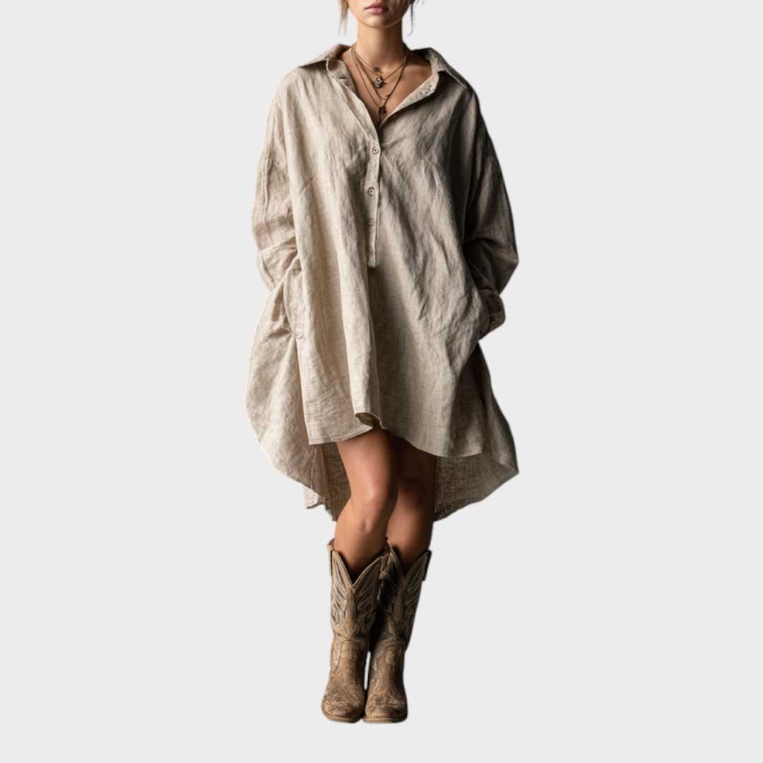 Lavriki – Locker geschnittenes Damen-Minikleid aus Baumwolle und Leinen mit Knöpfen