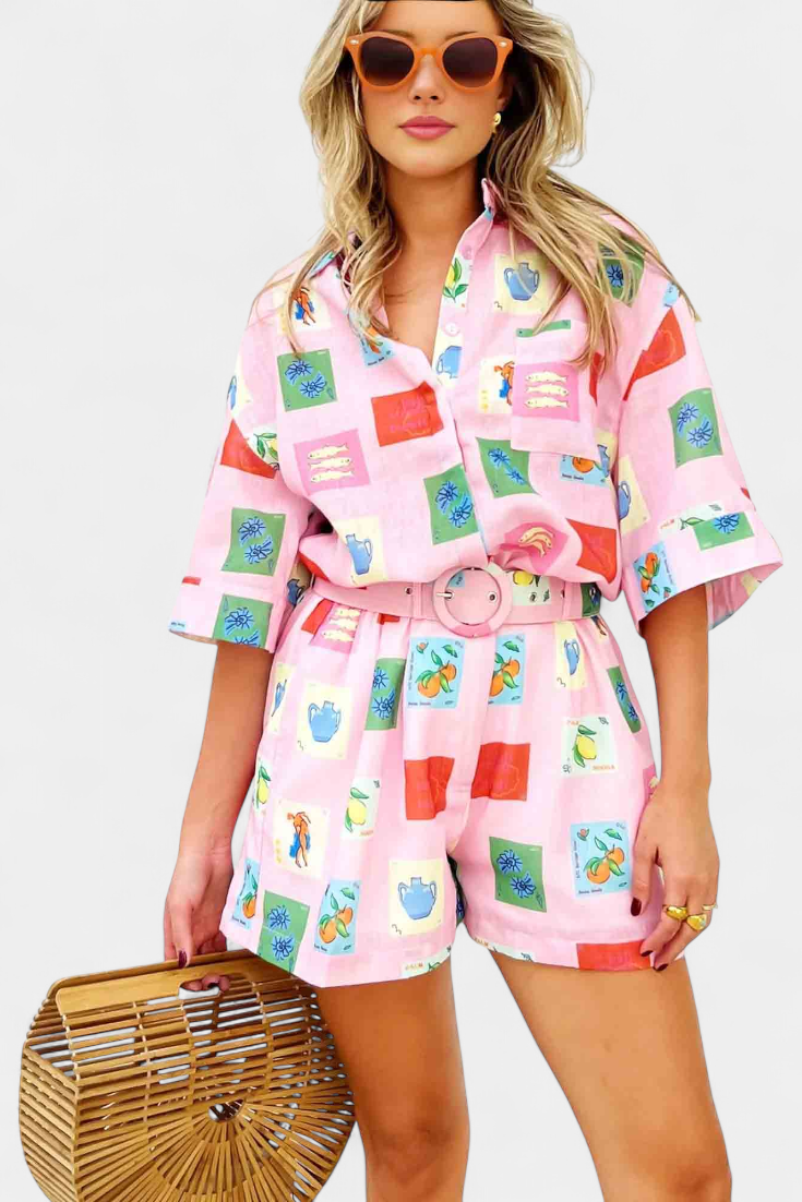 Damen-Set Mariluz mit rosa bedrucktem Hemd und Shorts