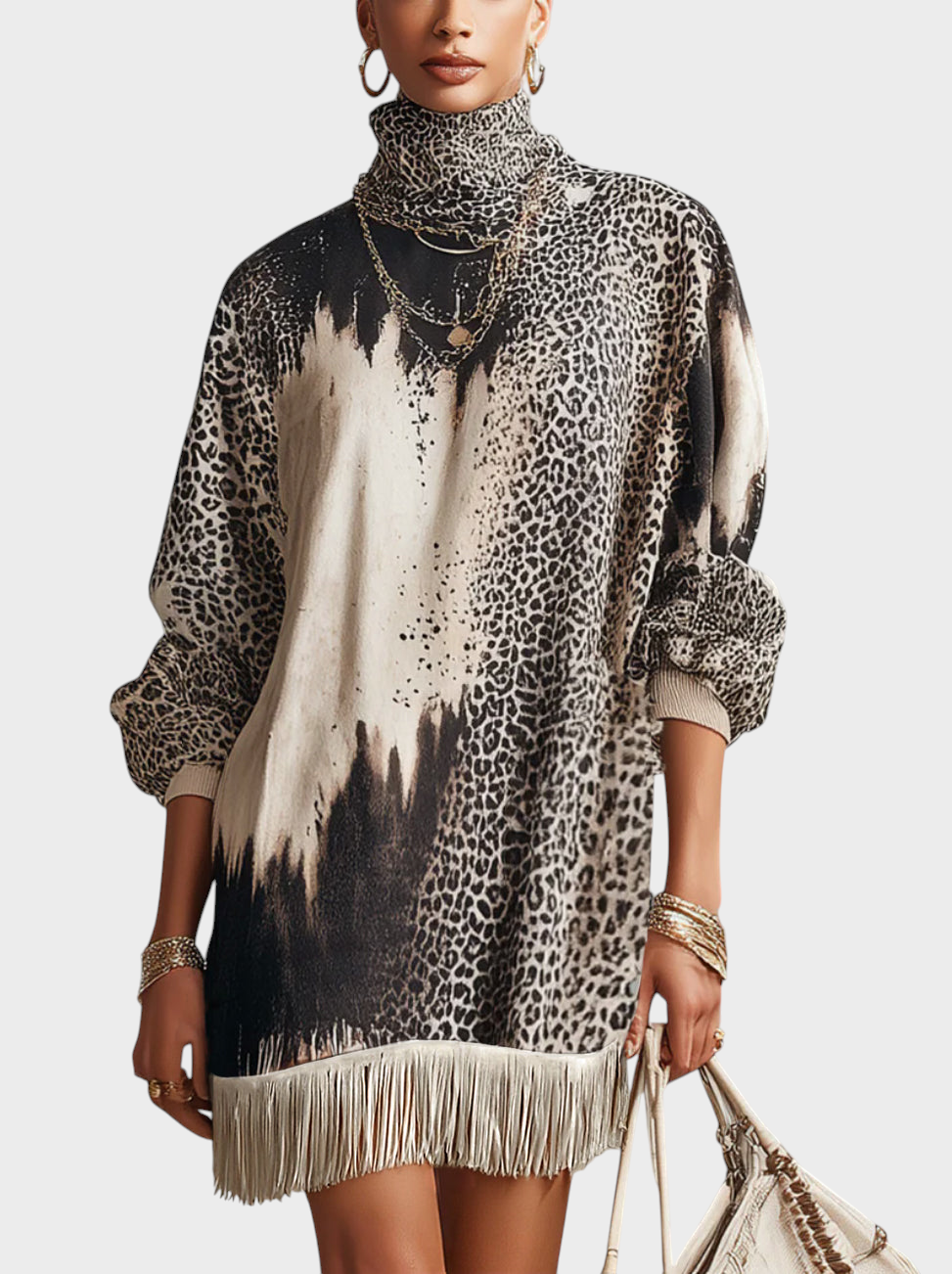 Sarra – Graue Leopardenbluse für Damen mit Fransen – Ansicht 2