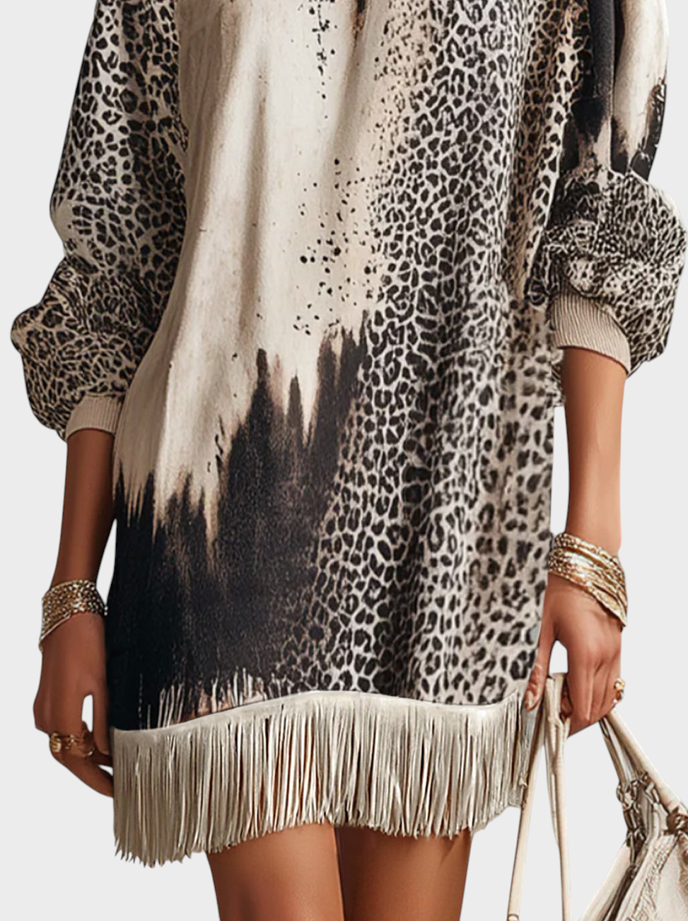 Sarra – Graue Leopardenbluse für Damen mit Fransen – Ansicht 4