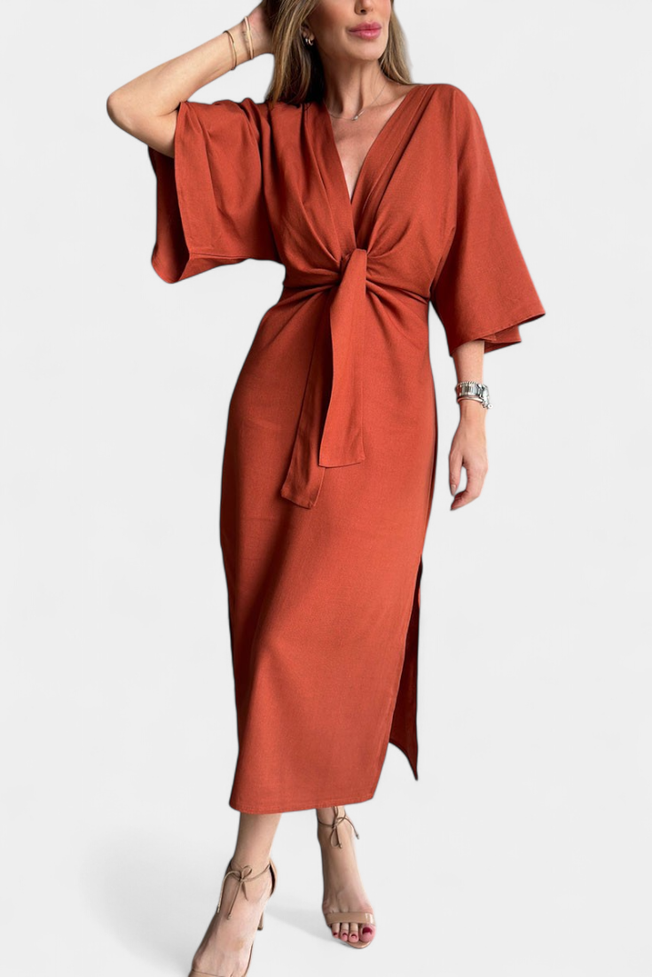 Lässiges Damenkleid Ainhoa mit Knoten und V-Ausschnitt
