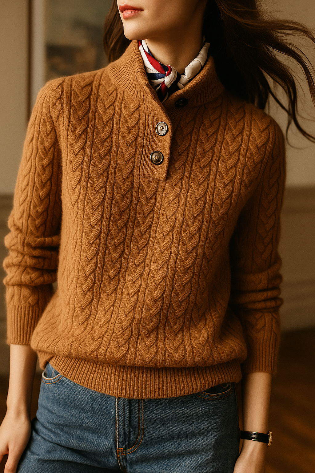Liza – Kaschmirpullover für Damen mit Zopfmuster und Knöpfen – Ansicht 3