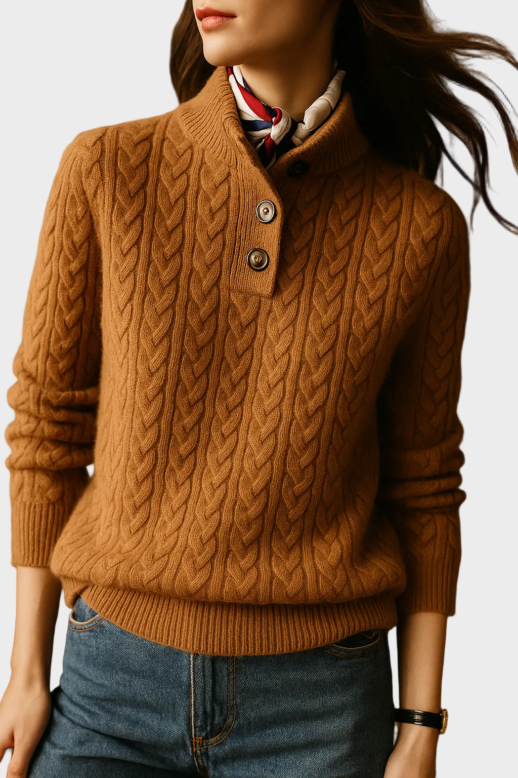 Liza – Kaschmirpullover für Damen mit Zopfmuster und Knöpfen – Ansicht 3