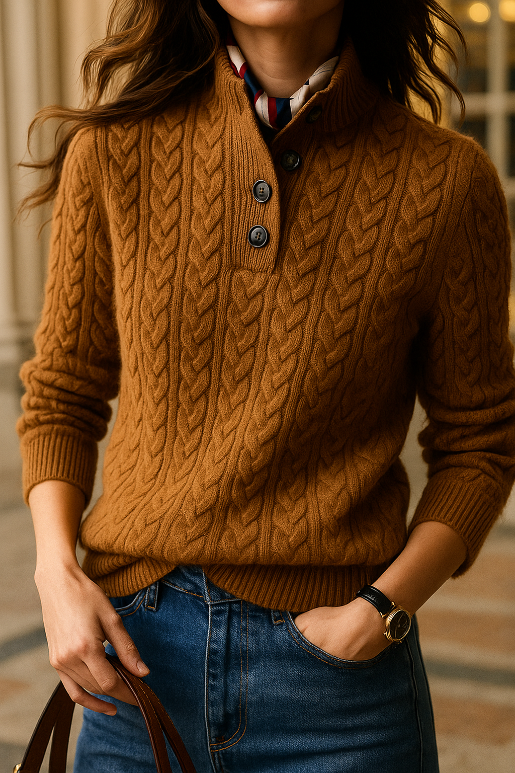 Liza – Kaschmirpullover für Damen mit Zopfmuster und Knöpfen – Ansicht 2
