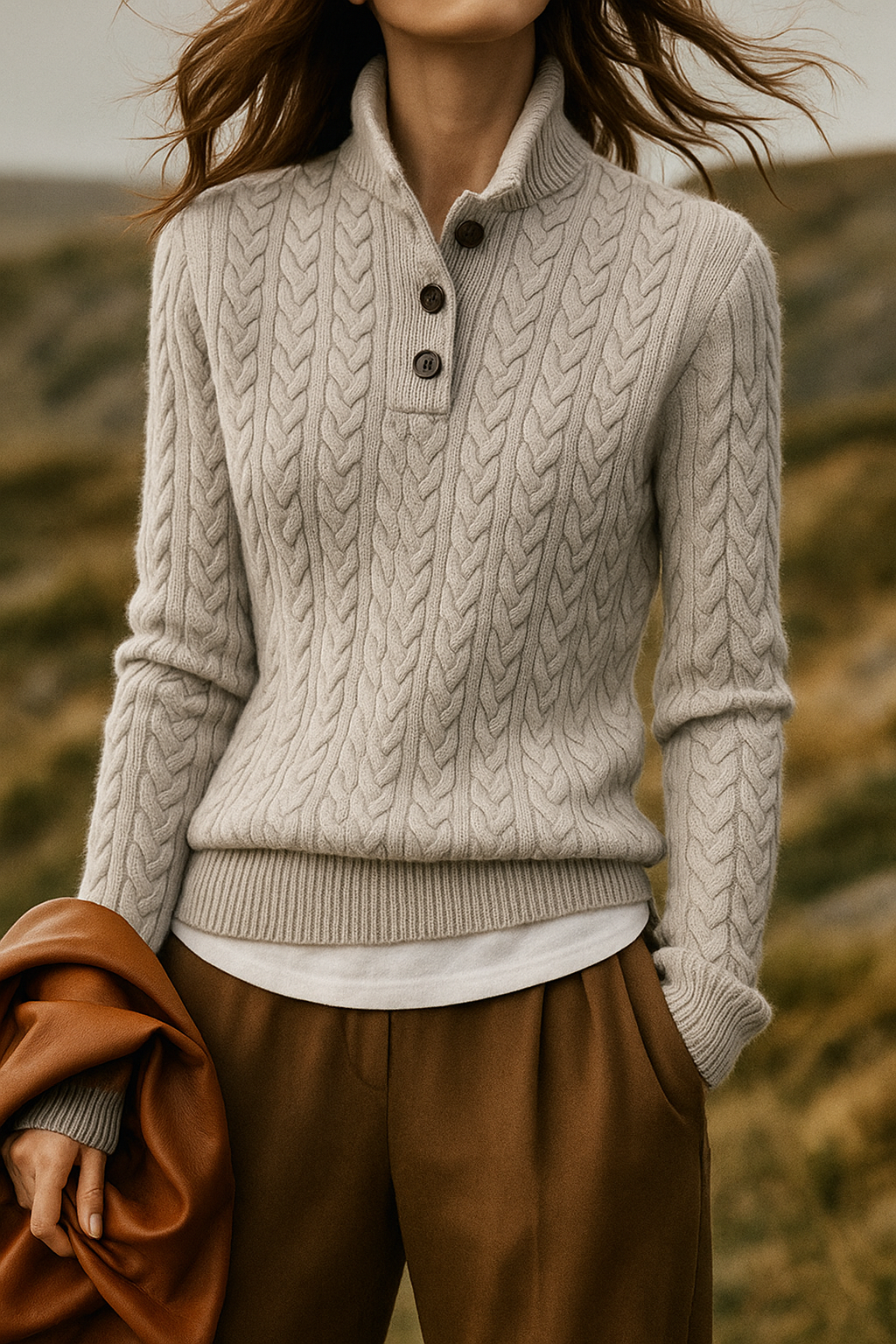 Liza – Kaschmirpullover für Damen mit Zopfmuster und Knöpfen – Ansicht 13