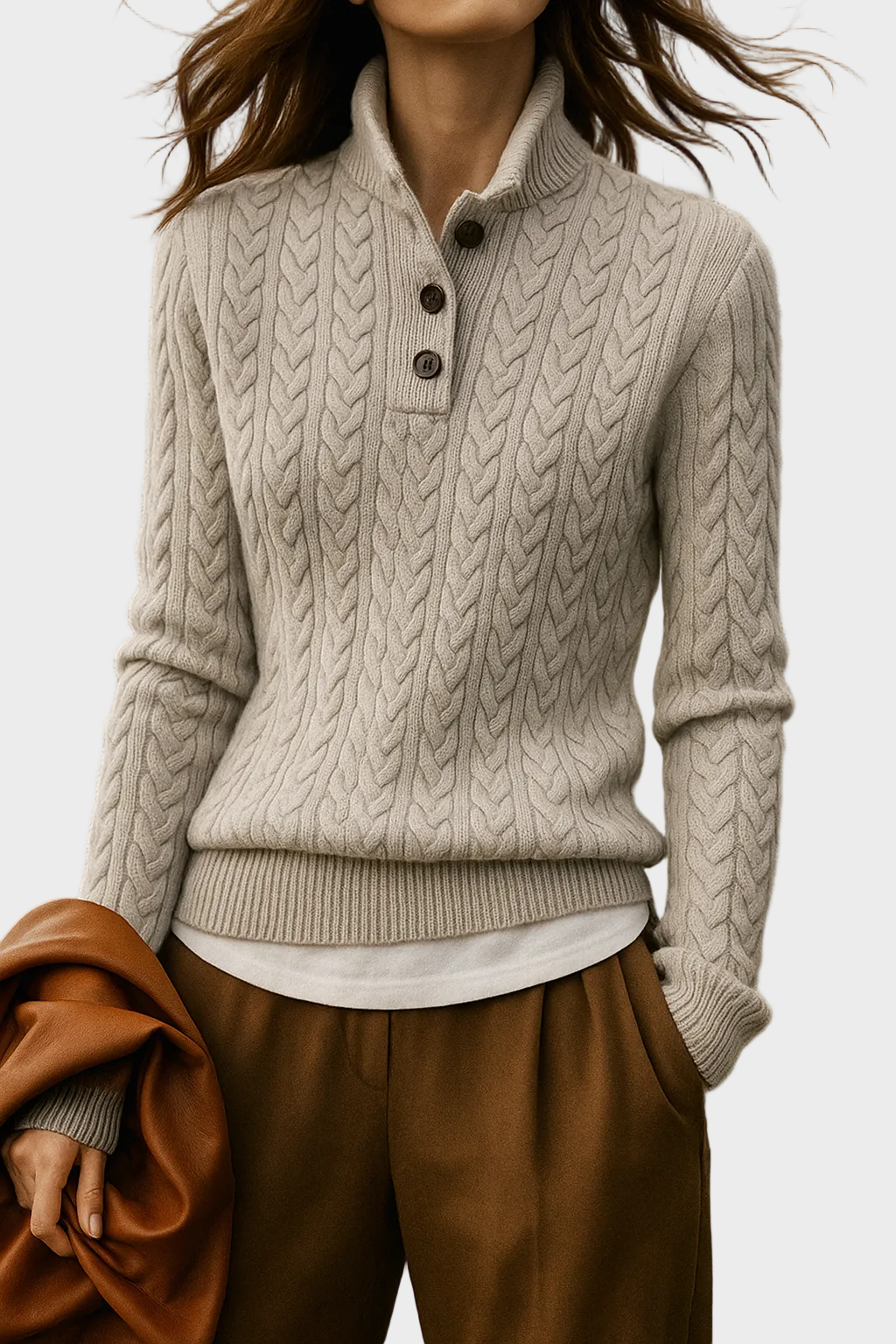 Liza – Kaschmirpullover für Damen mit Zopfmuster und Knöpfen – Ansicht 13