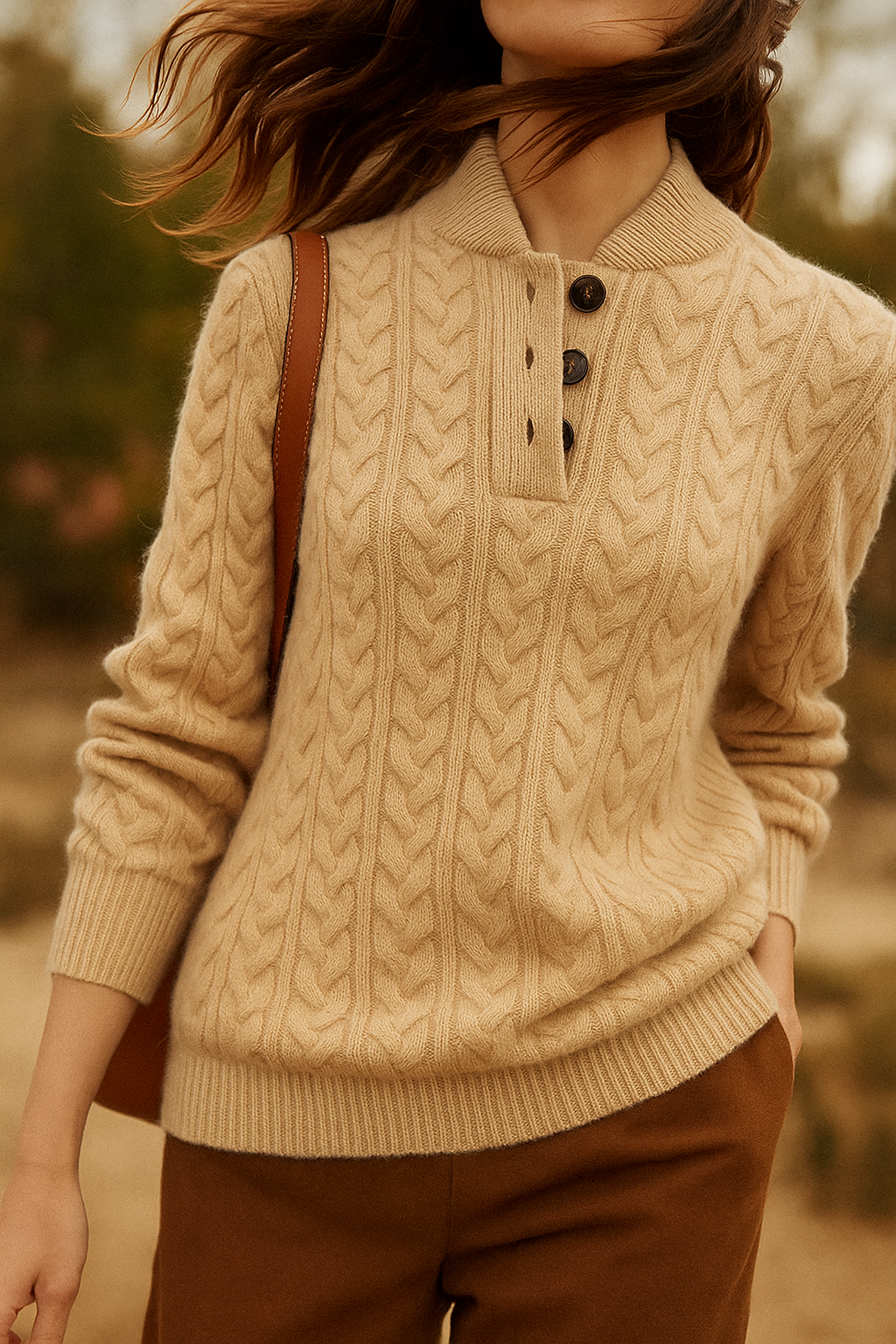 Liza – Kaschmirpullover für Damen mit Zopfmuster und Knöpfen – Ansicht 10
