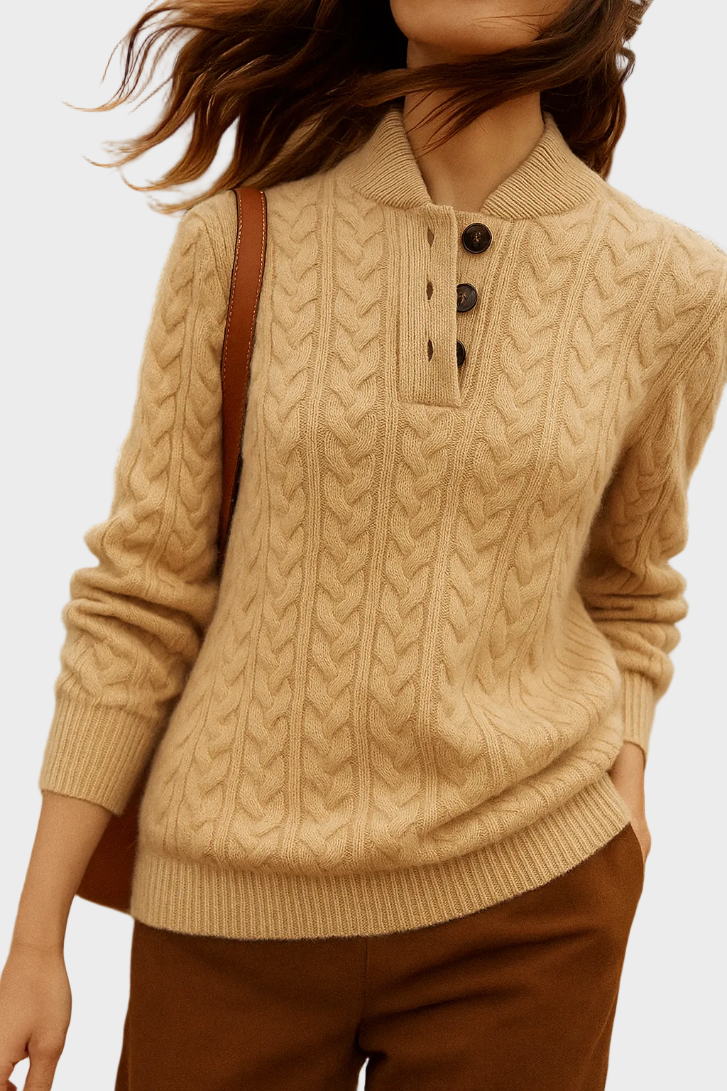Liza – Kaschmirpullover für Damen mit Zopfmuster und Knöpfen – Ansicht 10