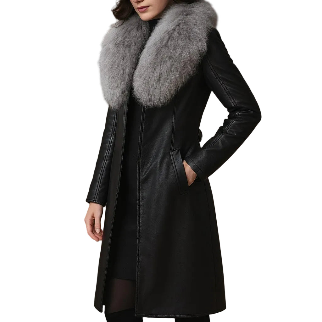 Vittoria – Ledermantel mit Pelzbesatz für Damen – Ansicht 4