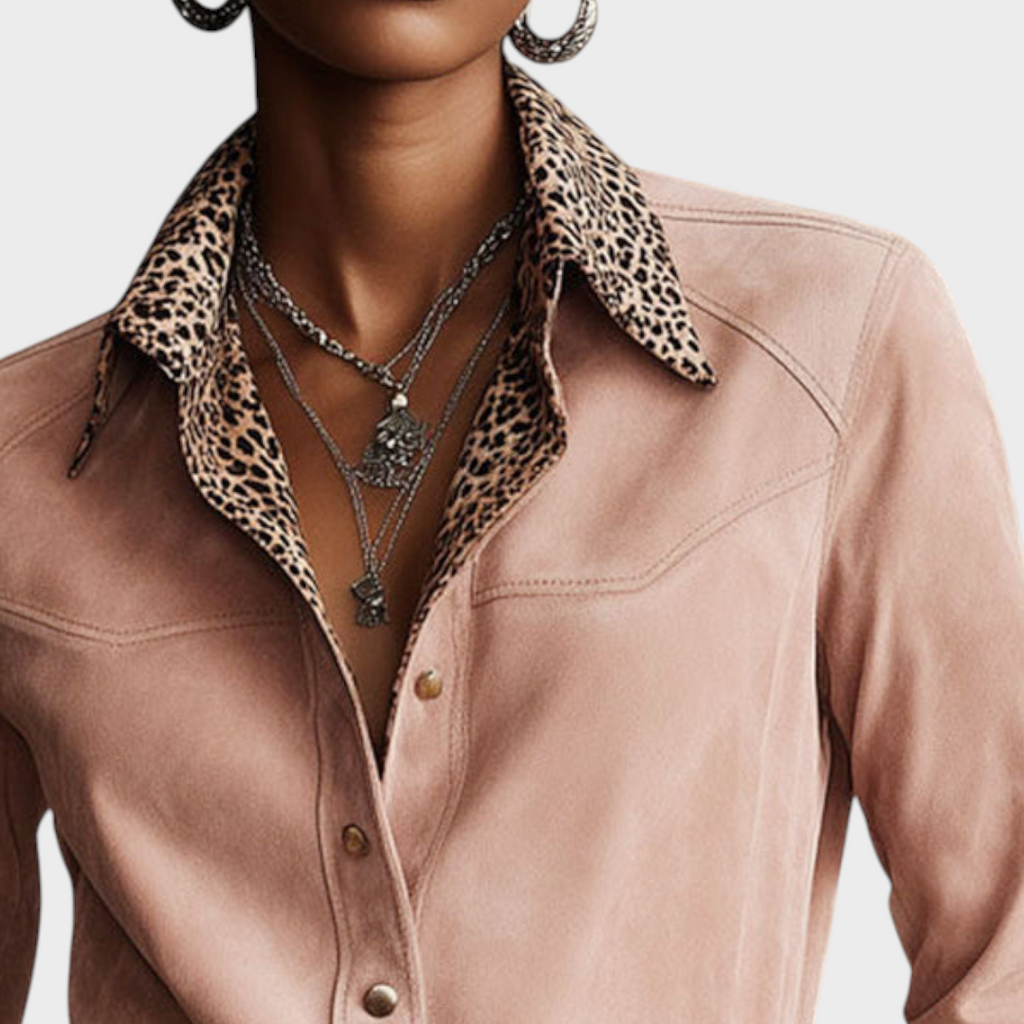 Macey | Western Retro Leopard Damenbluse aus rosa Kunstleder mit langen Ärmeln, rosa, langärmlig