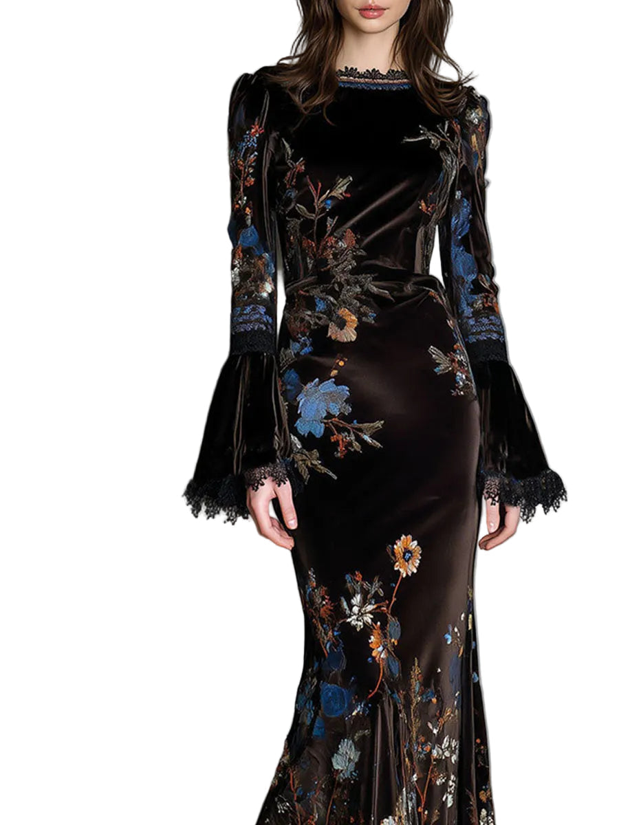 Jane – Samt-Abendkleid mit Blumenmuster und Spitzendetails