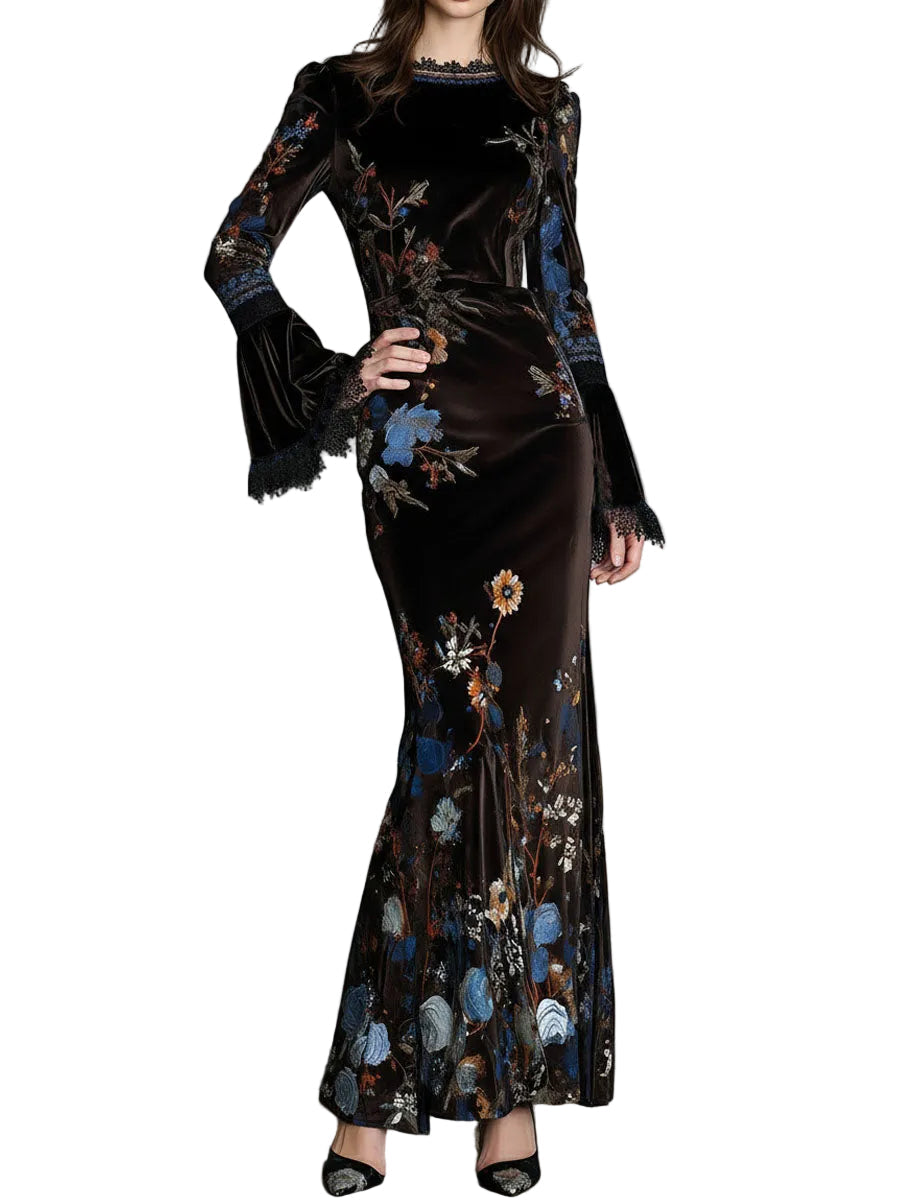 Jane – Samt-Abendkleid mit Blumenmuster und Spitzendetails