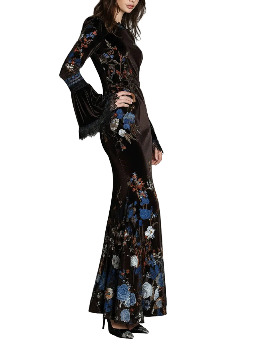 Jane – Samt-Abendkleid mit Blumenmuster und Spitzendetails