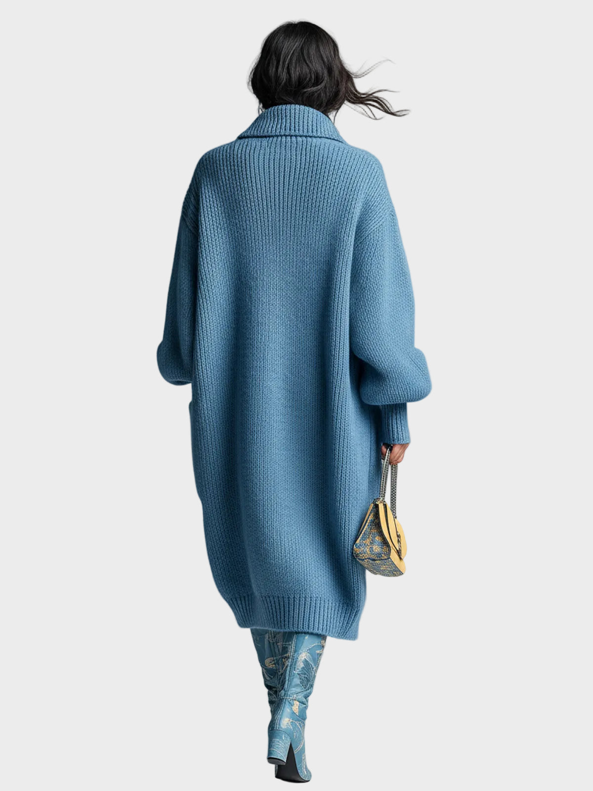 Doloris | Elegante, blaue Maxi-Strickjacke im Retro-Stil mit Frontreißverschluss, praktischen Taschen und großem, weichem Strickbündchen