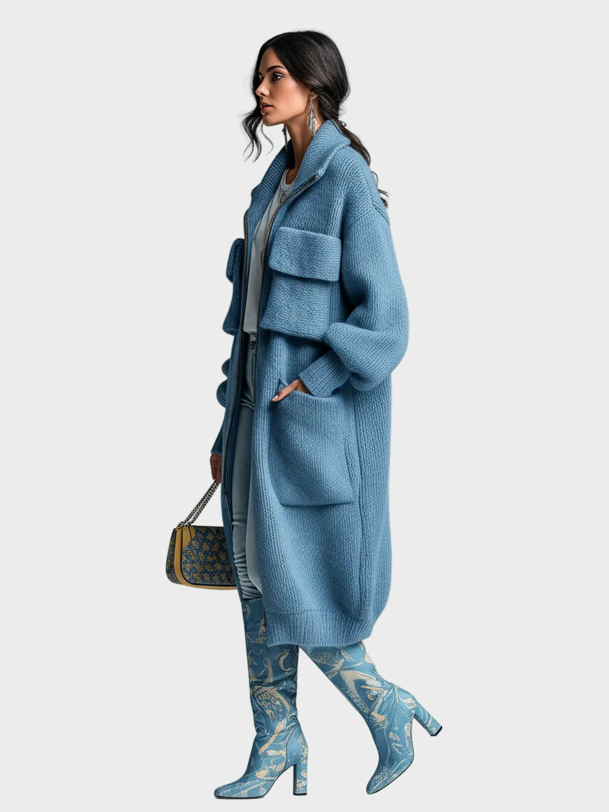 Doloris | Elegante, blaue Maxi-Strickjacke im Retro-Stil mit Frontreißverschluss, praktischen Taschen und großem, weichem Strickbündchen