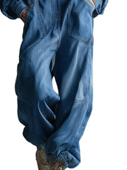 Priscilla – Blauer lockerer Jeans-Overall mit Kapuze und Knöpfen – Ansicht 6