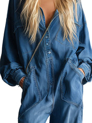Priscilla – Blauer lockerer Jeans-Overall mit Kapuze und Knöpfen – Ansicht 5