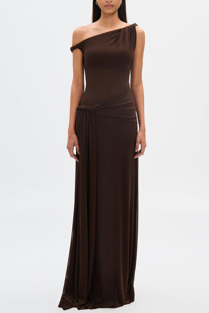 Eranda – Schulterfreies Maxikleid für Damen aus drapiertem Mesh