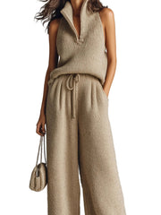 Kelly – Kamelfarbenes Strickset für Damen mit ärmellosem Top und weiter Hose – Ansicht 5