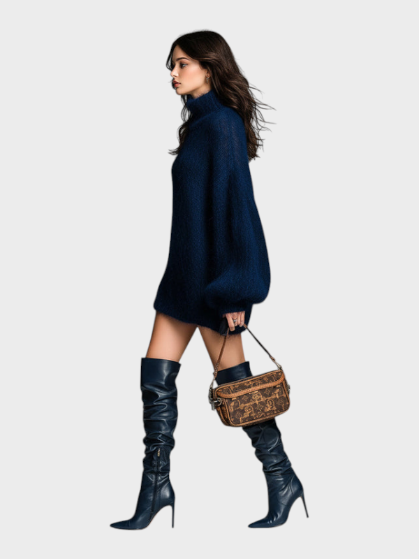 Franziska – Marineblaues Strick-Minikleid aus Mohair mit Stehkragen – Ansicht 5