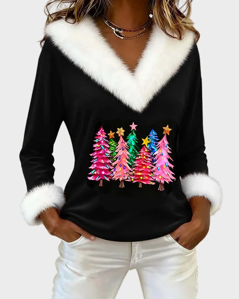 Damen-Fleecepullover Aubrey mit V-Ausschnitt und Weihnachtsmuster