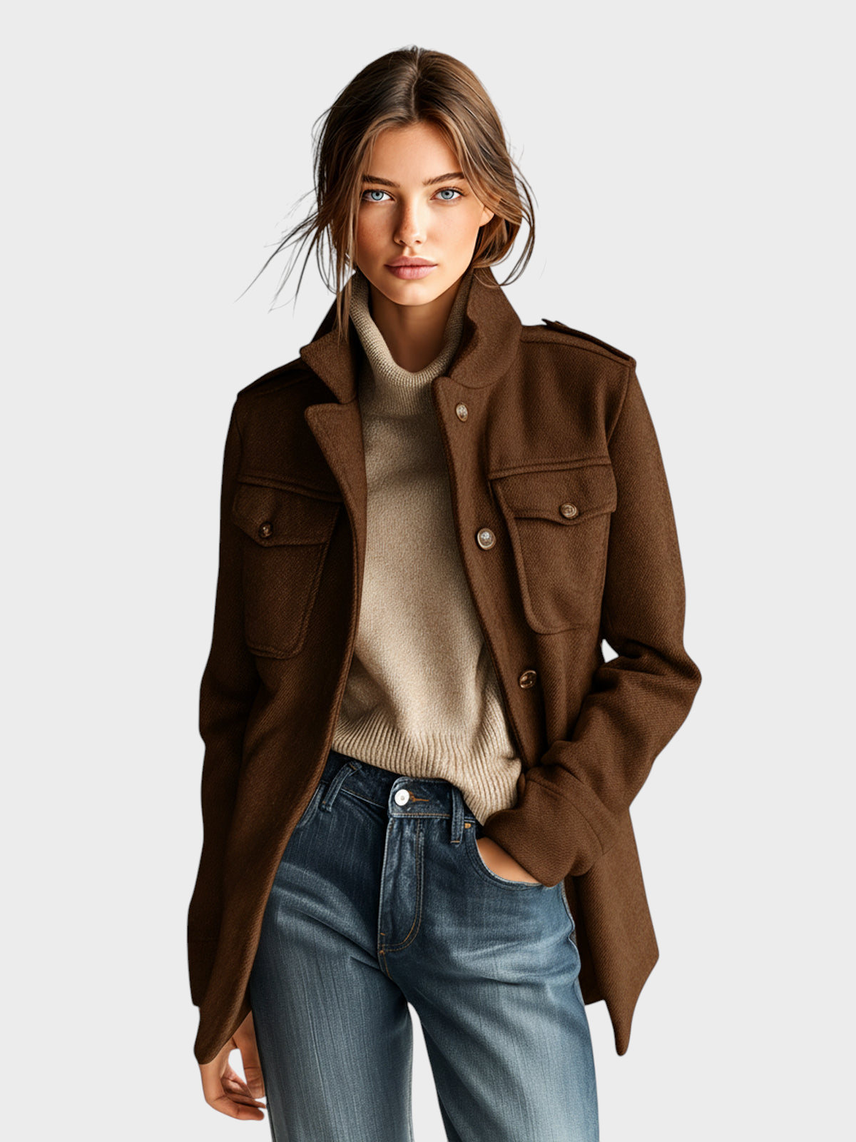 Eleven Ora – Kamelfarbene Wolljacke für Damen mit Stehkragen – Ansicht 7