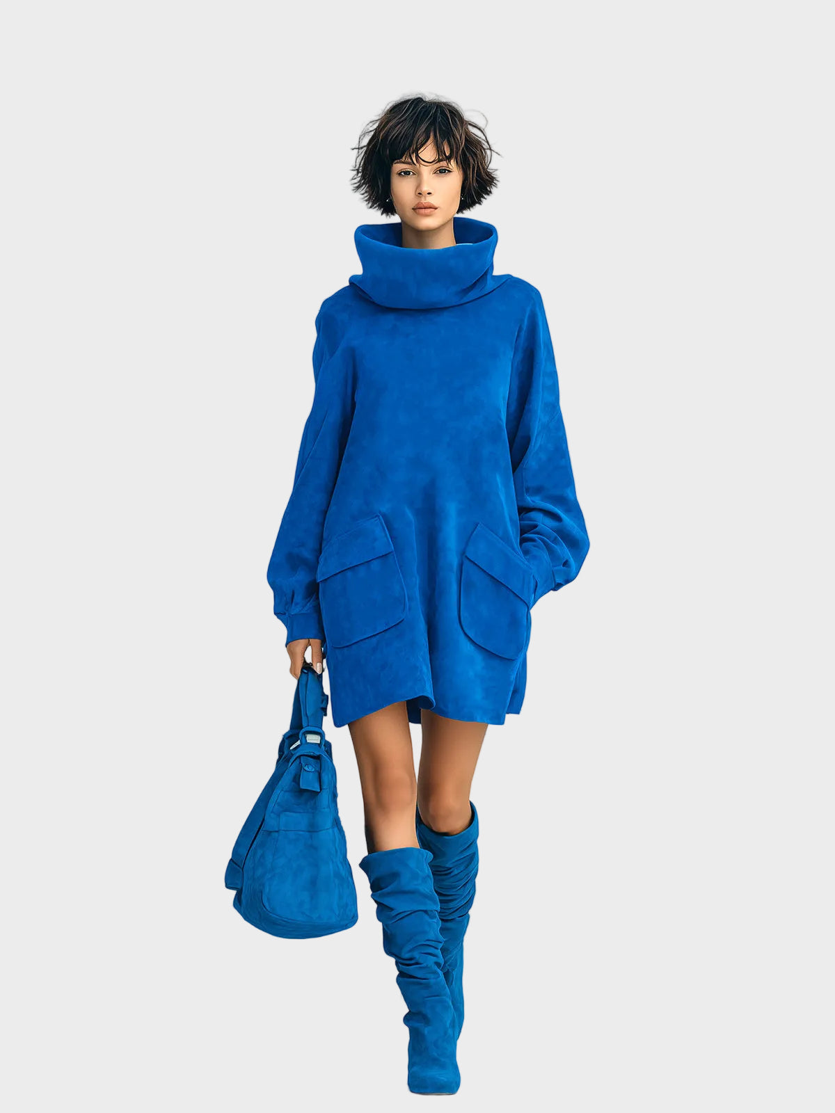 Meria – Hellblaues Minikleid aus Wildlederimitat mit Rollkragen und Laternenärmeln – Ansicht 3