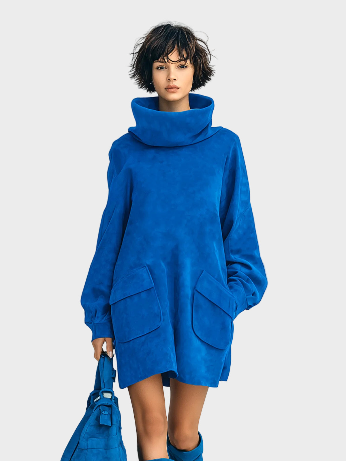 Meria – Hellblaues Minikleid aus Wildlederimitat mit Rollkragen und Laternenärmeln – Ansicht 2