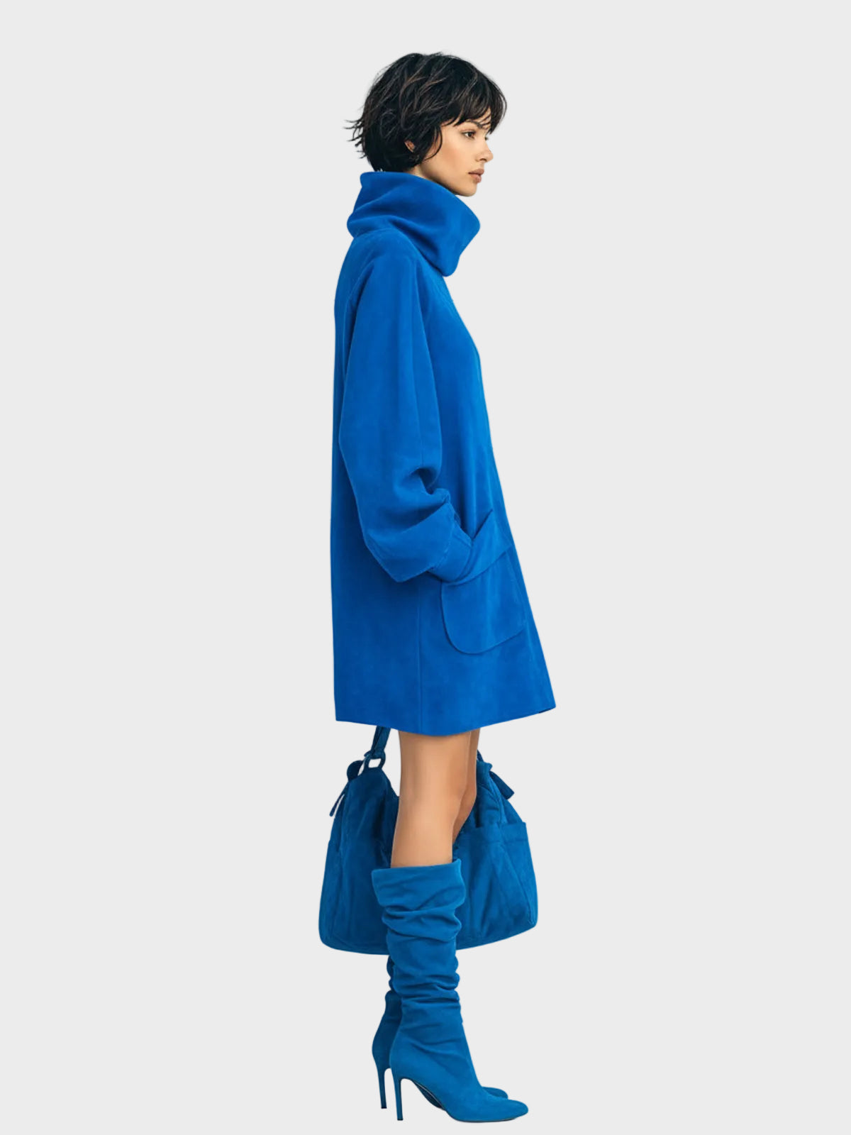 Meria – Hellblaues Minikleid aus Wildlederimitat mit Rollkragen und Laternenärmeln – Ansicht 4
