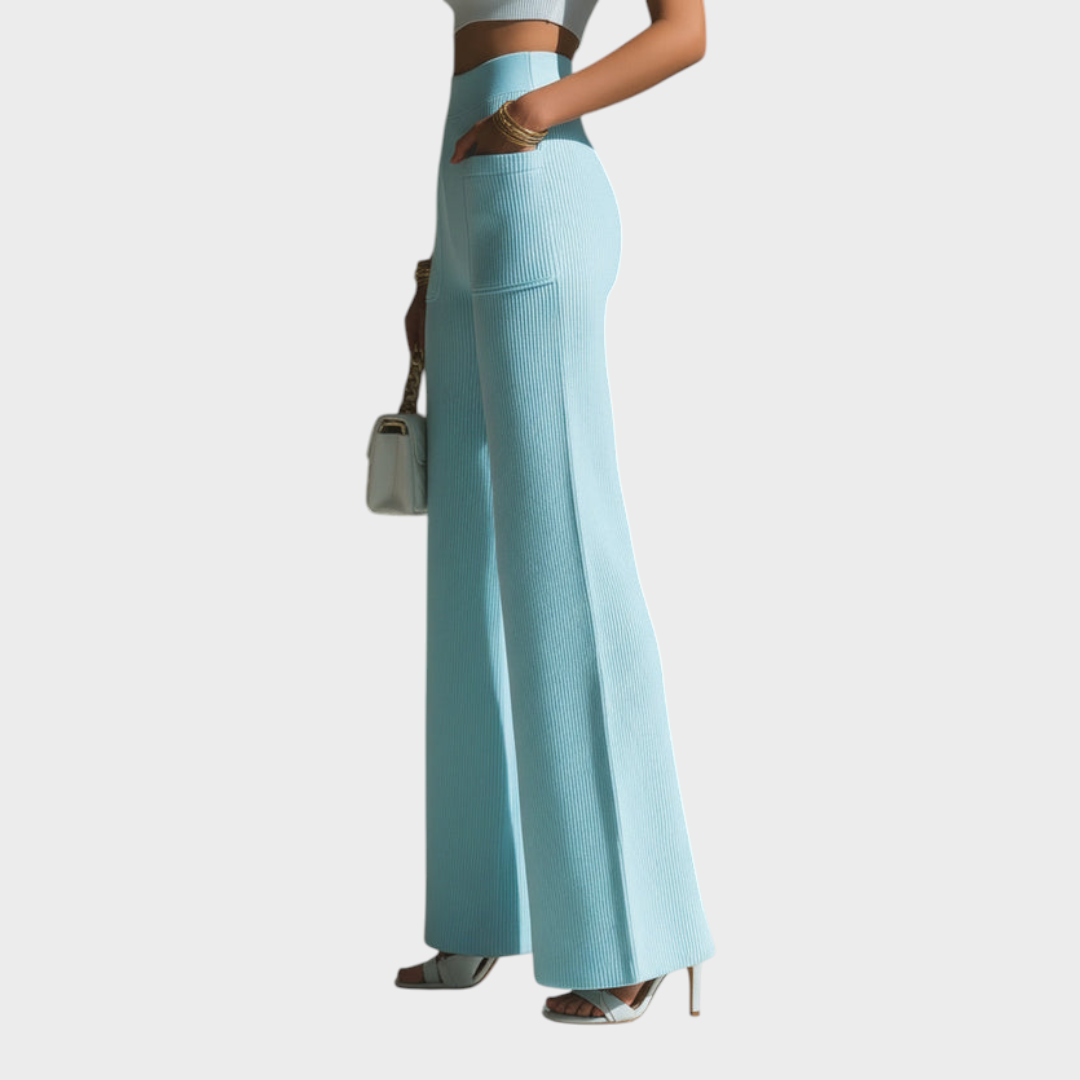 Reese – Hellblaue Rippstrickhose für Damen mit hoher Taille, weitem Bein und Taschen – Ansicht 4