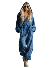 Priscilla – Blauer lockerer Jeans-Overall mit Kapuze und Knöpfen – Ansicht 4