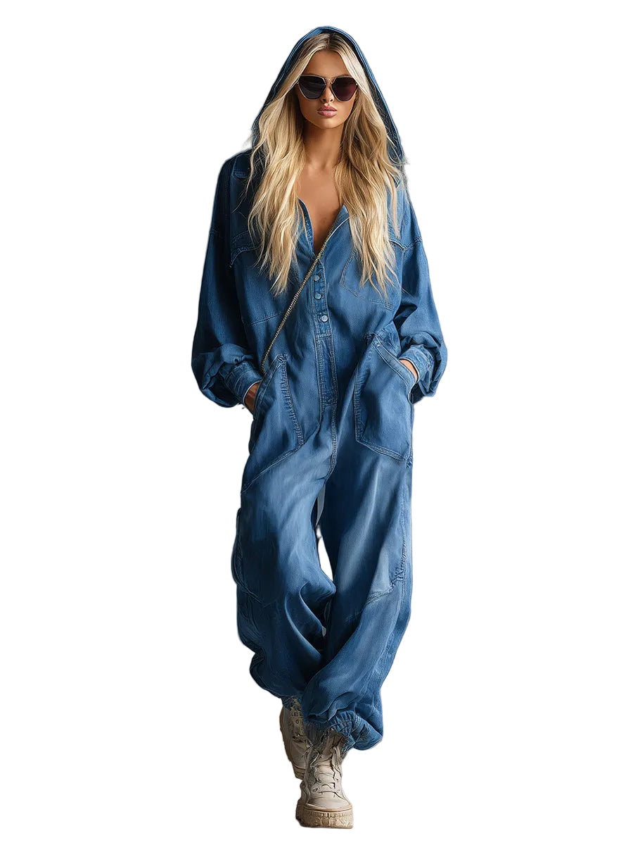 Priscilla – Blauer lockerer Jeans-Overall mit Kapuze und Knöpfen – Ansicht 4