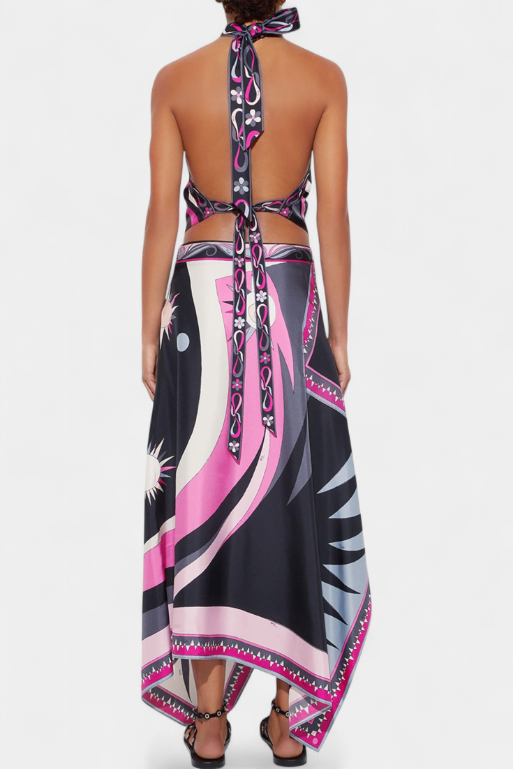 Damen-Satin-Set Ciana mit Neckholder-Top und A-Linien-Rock in Schwarz und Rosa – Ansicht 2