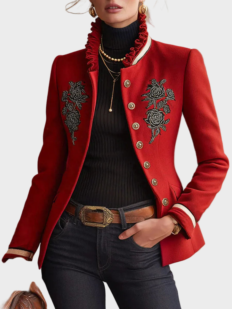Harmony – Damen-Wolljacke mit Stehkragen und Rosenstickerei