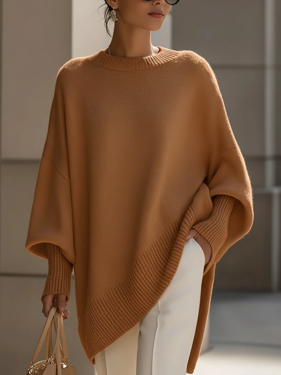 Beiger Strickponcho-Pullover für Damen in weiter Passform – Ansicht 8