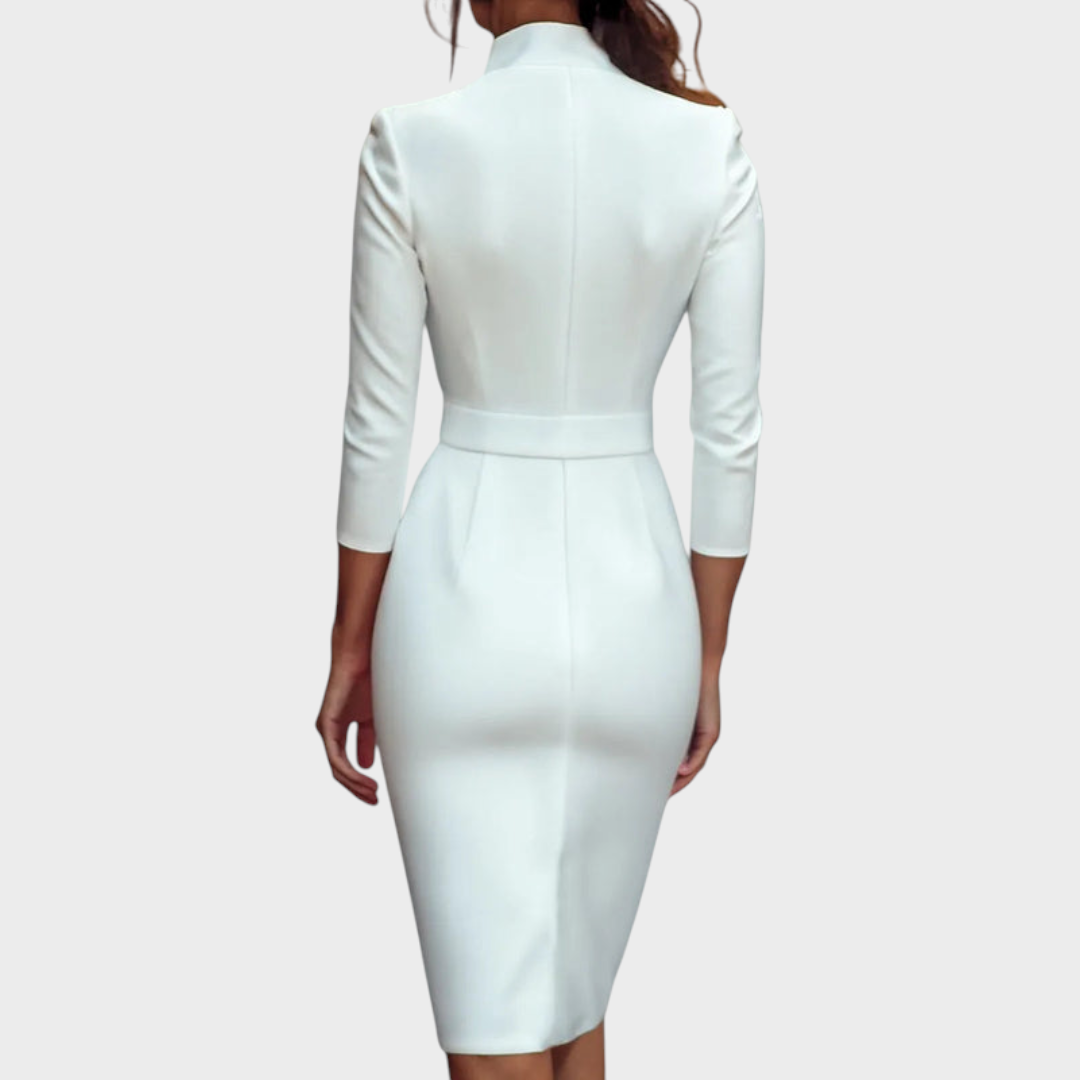 Tricia – Elegantes schwarzes Kleid mit Gürtel und Stehkragen