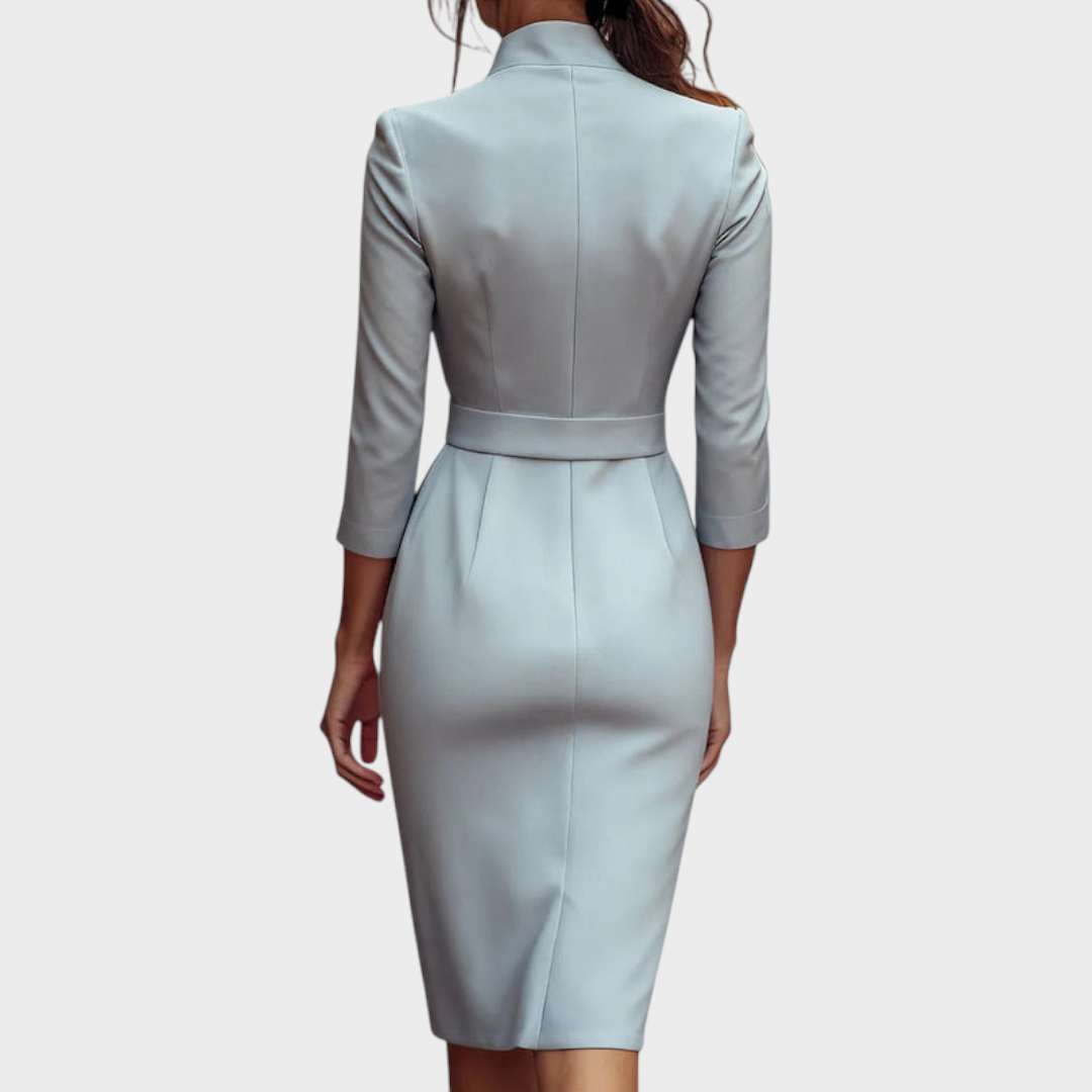Tricia – Elegantes schwarzes Kleid mit Gürtel und Stehkragen