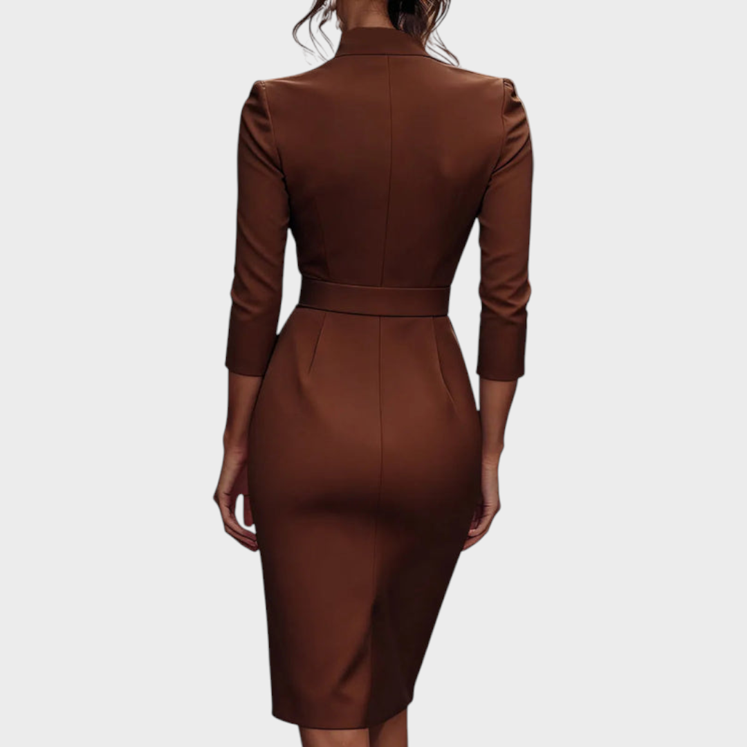 Tricia – Elegantes schwarzes Kleid mit Gürtel und Stehkragen