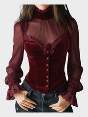 Schwarze Damen-Samt-Korsettbluse Juwel mit Spitze und transparenten Ärmeln – Ansicht 2