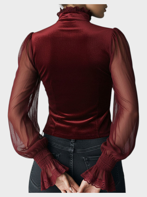 Schwarze Damen-Samt-Korsettbluse Juwel mit Spitze und transparenten Ärmeln – Ansicht 3