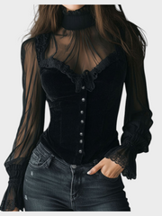 Schwarze Damen-Samt-Korsettbluse Juwel mit Spitze und transparenten Ärmeln