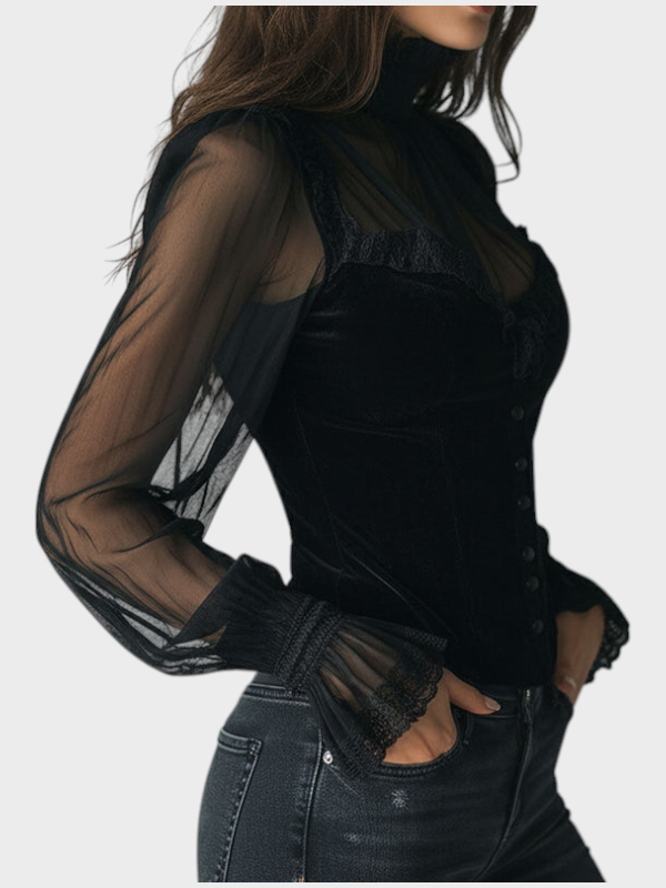 Schwarze Damen-Samt-Korsettbluse Juwel mit Spitze und transparenten Ärmeln – Ansicht 4