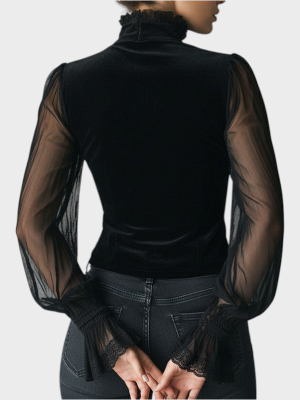 Schwarze Damen-Samt-Korsettbluse Juwel mit Spitze und transparenten Ärmeln – Ansicht 5